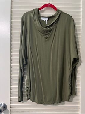 DKNY Olive Green Draped Cowl Neck Hoodie Top